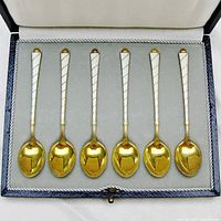 Six spoons inside open presentation box, full view