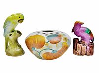 Front view of all three ceramic flower frogs showing colours and forms