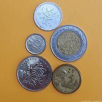 Fronts of five international coins on yellow background