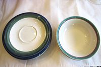 Close view of bowls showing rim colors and interior glazing