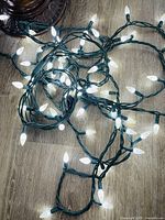 Tangled strand showing numerous illuminated cool white bulbs on green wire