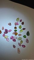 Group view of multicolored leaf-cut tourmalines on white background