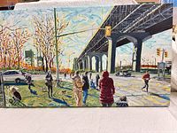 Full view of painting showing scene under bridge