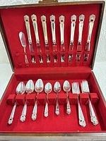 Open case showing full set of flatware pieces arranged in red-lined slots