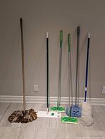 All six cleaning tools standing against wall