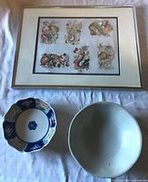Group shot of framed artwork, Arita bowl and Chinese bowl