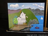 Front view of seascape painting showing subject and signature area