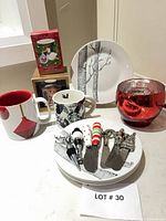 Entire lot group shot showing mugs, plates, spreaders, stoppers, ornaments, candle holder