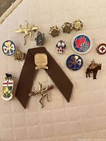 Group shot showing all pins and ribbon on cream fabric