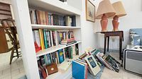 Wide shot of white bookcase and additional books on floor