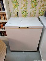 Front view of white Woods chest freezer