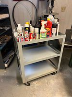 Full view of cart with contents on all three shelves