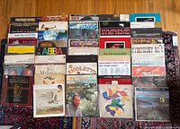 Full lot overview with approximately 25 records and box sets laid out on rug