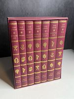 Seven burgundy clothbound Jane Austen volumes in slipcase, spines facing