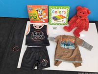 Full lot view: two clothing sets, two board books, red teddy bear