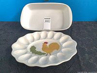 Top view showing both casserole dish and deviled egg platter