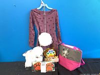 Full lot showing dress on hanger, plush puppy, paw magnets, rainbow ornament, collar, tote bag, bath pouf