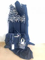 Full lot showing gown draped, scarf, bag, pouch and earrings