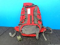 Front view of red and grey 40L backpack with binoculars placed below
