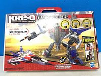 Front of Kre-O Transformers Starscream box showing 2-in-1 builds, piece count, age range, and included Kreons