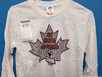 Front view showing maple leaf graphic and size tag