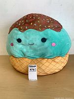 Front view of ice cream cone plush showing face and colours