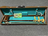 Erhu inside hard case with spare strings visible
