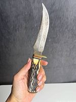 Full view of knife in hand, showing blade shape and handle