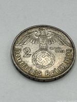 Reverse of 1938 2 Reichsmark coin showing eagle, swastika, denomination and legend