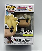 Front view of boxed Funko Pop showing Boruto figure, Amazon Exclusive and Glow in the Dark stickers