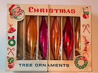 Front of original 1970s Christmas Tree Ornaments box displaying five elongated glass ornaments