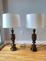 Full view of both matching table lamps with shades
