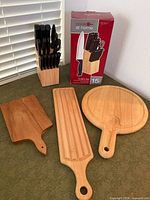 Knife block set with retail box and three cutting boards displayed