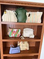 Shelf view showing all seven handbags