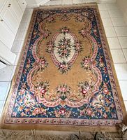 Full view of rug showing overall pattern, colors, and fringe