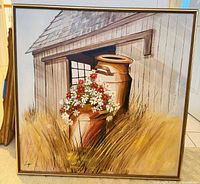 Front view of Milk Cans painting with rustic barn and milk can of flowers