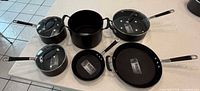 Overhead view of complete nine-piece cookware set on countertop