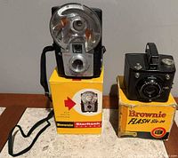 Front view of both Kodak Brownie cameras with their boxes