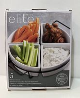 Retail box showing Gibson Elite 5-piece porcelain sectional tray set with image of assembled platter