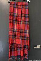 Full length view of red tartan fringe scarf hanging