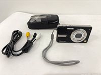 Front view of camera, AV cable and case