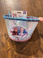 Front angled view of Frozen II basket showing Anna & Elsa graphic