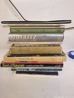 Stack of eight books showing spines for identification