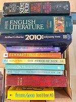 Stack of ten books showing titles and authors