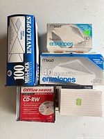 Group shot of envelopes, CD-RW pack, and index cards