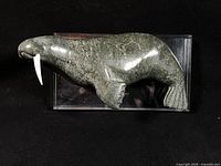 Top view of soapstone walrus on acrylic base showing overall form and intact tusk