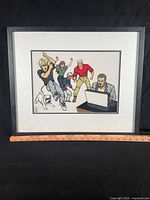 Front view of framed Jonny Quest cel with ruler for scale