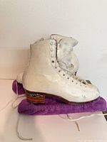 Left view of both skates on purple blade covers