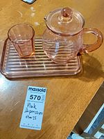 Entire tea set showing teapot with lid, tumbler and tray