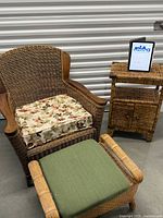 Full view of armchair, ottoman and cabinet grouped together